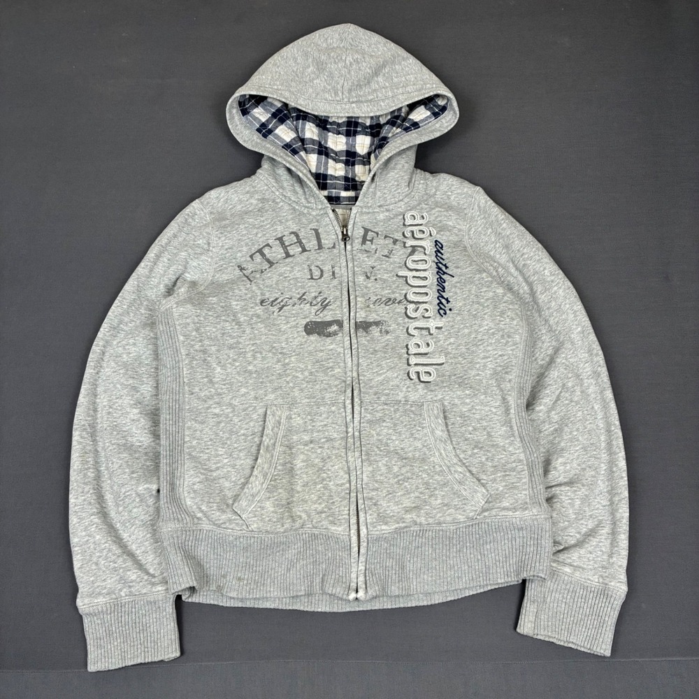 Y2K Aeropostale Gray Plaid Lined Spell Out Graphic Full Zip Hoodie Men's Small